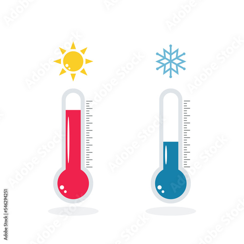 Blue and red thermometers with snowflake and sun isolated on white background. Thermometer  icon set. Low and high temperature sign. Vector illustration.