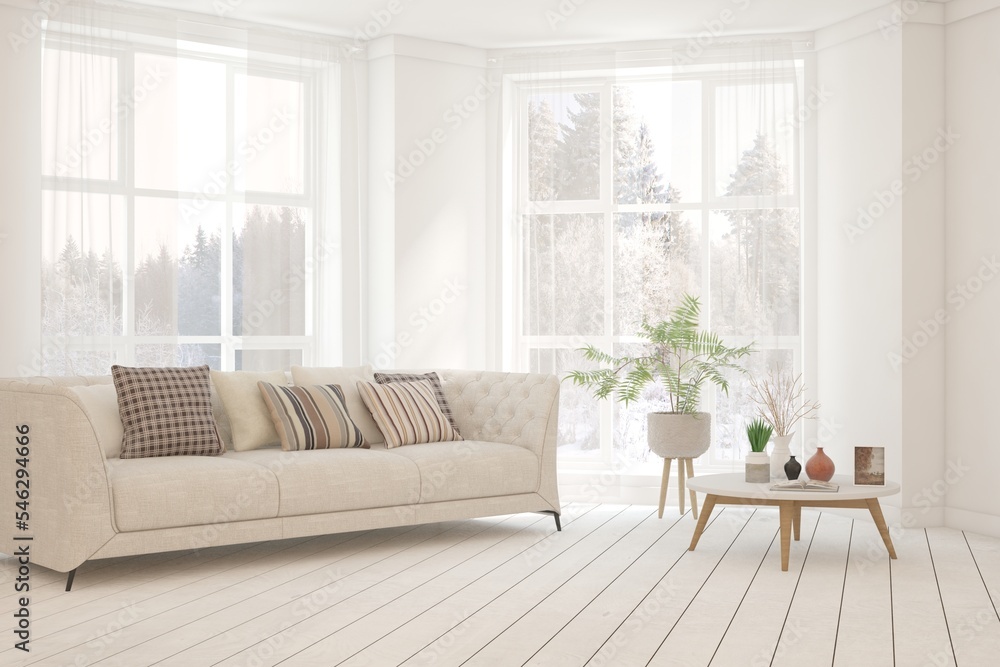 White living room with sofa. Scandinavian interior design. 3D illustration White living room with sofa. Scandinavian interior design. 3D illustration