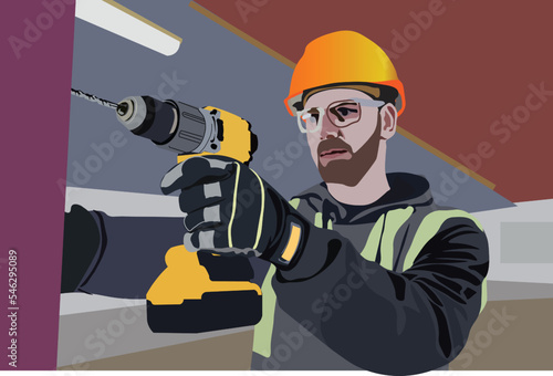 repairman with professional hand tools at work. Bearded man wearing project helmet drilling wood. Industrial male worker