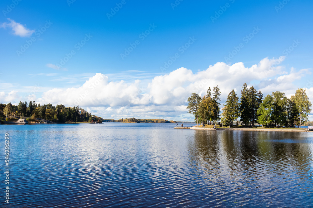 Autumn landscape, trees on lake shore under blue sky with white clouds