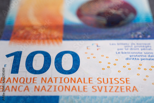 One hundred Swiss francs. Studio macro, with many small details.