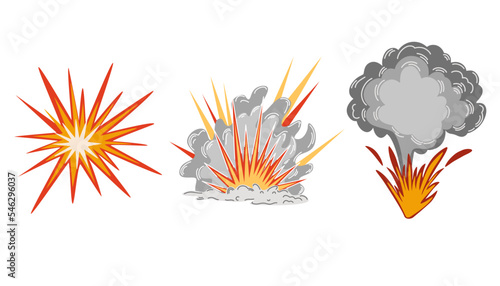 Explosion set. Cartoon dynamite or bomb explosion, fire. Boom clouds and smoke element. Dangerous explosive detonation, Atomic bomb explosion. Vector hand draw illustration.