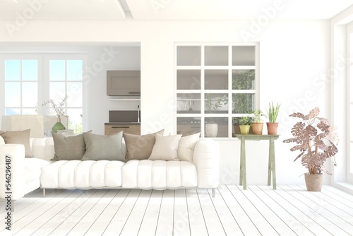 White living room with sofa. Scandinavian interior design. 3D illustration