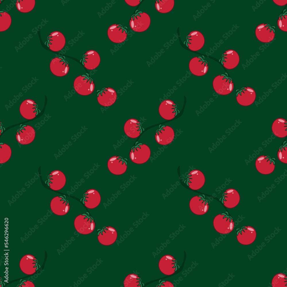 Seamless pattern with cherry tomato on green background. Print for fabric and kitchen wallpaper. Seamless pattern with cherry tomato on green background. Print for fabric and kitchen wallpaper.