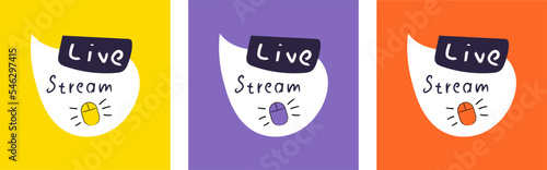 Live Stream Set Labels. Concept of video call. Different posts