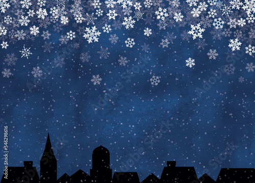 雪の結晶のふる夜の街水彩画