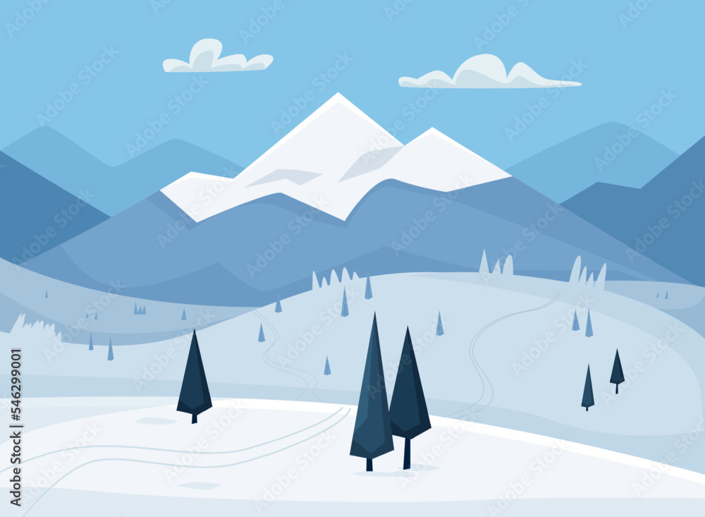 Winter landscape with mountains. Vector illustration