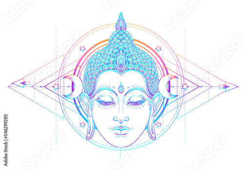 Buddha face over ornate mandala round pattern. Esoteric vintage vector illustration. Indian, Buddhism, spiritual art. Hippie tattoo, spirituality, Thai god, yoga zen Coloring book pages for adults.