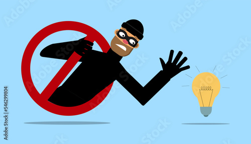 Vector illustration. Masked man, thief wants to take an idea, a light bulb.