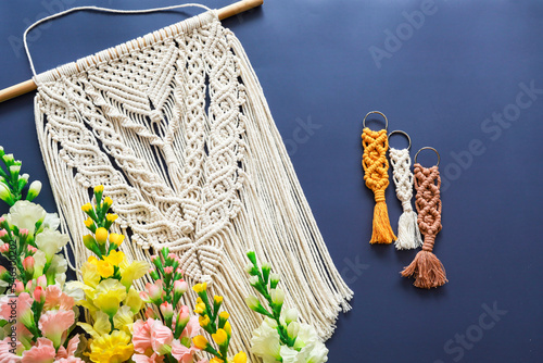 Big macrame wall hanging, a textile produced using macrame techniqe , top view photo