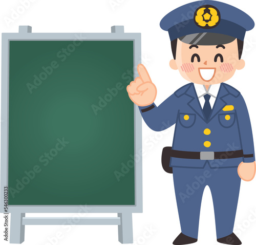 案内する男性警察官と黒板