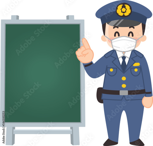 案内するマスクをした男性警察官と黒板