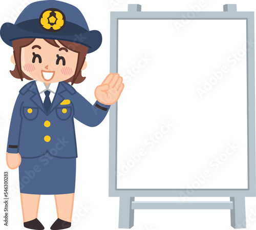 案内する婦人警官とホワイトボード