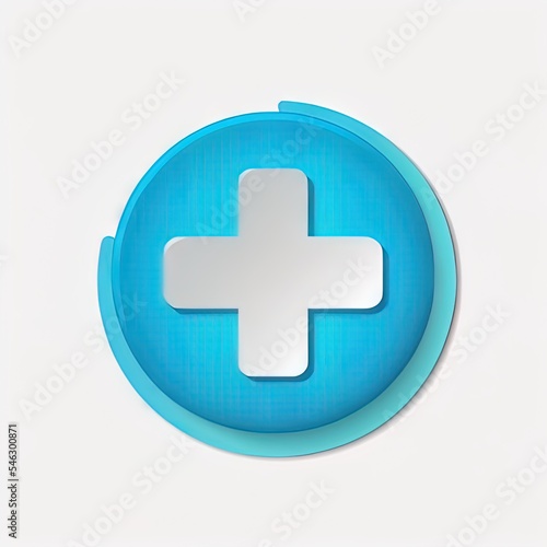 3d blue circle with plus on the white background. Cute icon of first aid. Health care. Medical symbol of emergency help. 2r illustrated illustration