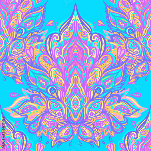 Floral paisley indian vector colorful ornate seamless pattern. Hand drawn des...