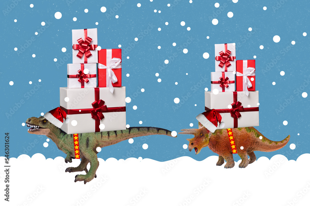 Creative retro 3d magazine image of funny funky dinos delivering xmas presents isolated painting background