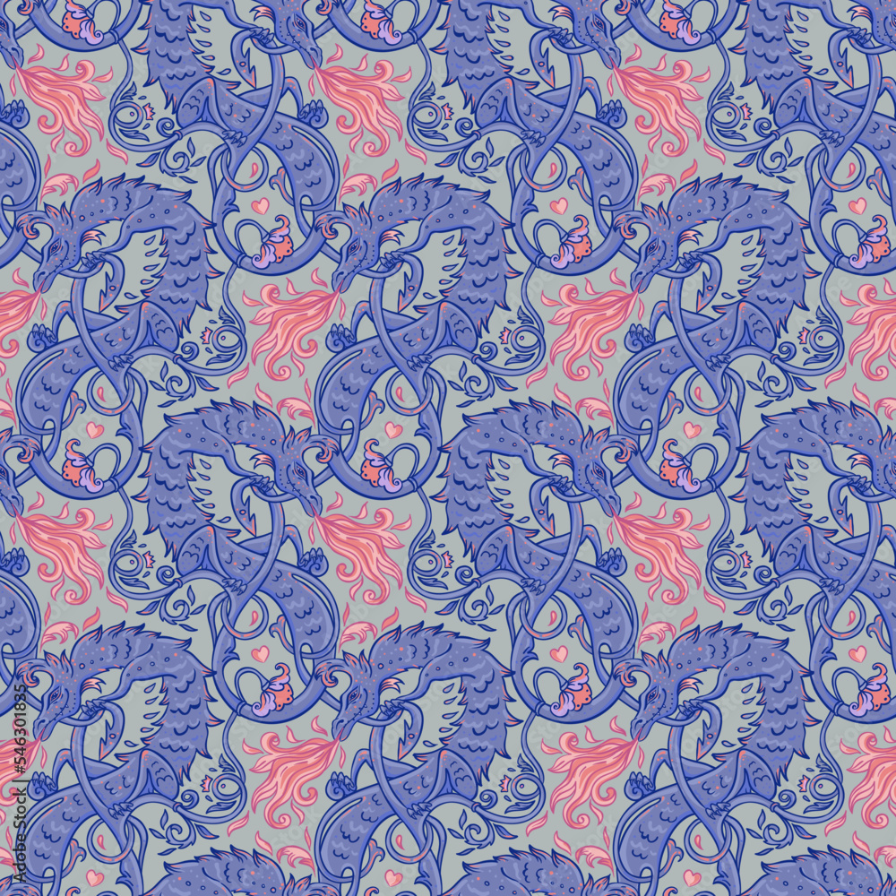 Mythological magic beast Basilisk, legendary bizarre creature. Seamless pattern design in medieval style. Dragon, burning flame. Repetition background. Wrapping paper, wallpapers. Vector illustration.