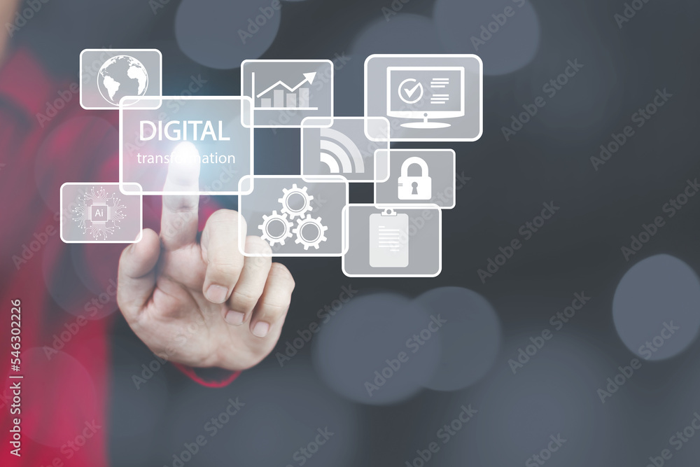Digital transformation technology concept of men's fingers turning to AI icons to show how business technology innovation has transformed into a modern digital society. Digital transformation technology concept of men's fingers turning to AI icons to show how business technology innovation has transformed into a modern digital society.