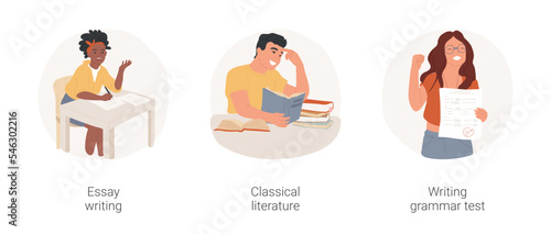 English language arts isolated cartoon vector illustration set. Essay writing assignment, high school language arts curriculum, read classical literature, writing grammar test vector cartoon.