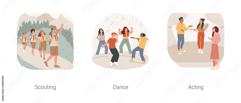 Extracurricular activities in high school isolated cartoon vector illustration set. Scouting student club, scout uniform, contemporary dance studio, acting class, actor audition vector cartoon.