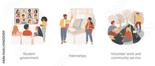 High school social activities isolated cartoon vector illustration set. Student government campaign, high school internship, practical study, volunteer work and community service vector cartoon.