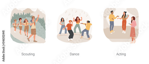 Extracurricular activities in high school isolated cartoon vector illustration set. Scouting student club, scout uniform, contemporary dance studio, acting class, actor audition vector cartoon.