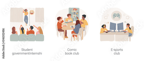 Hobby clubs isolated cartoon vector illustration set. Stand up comedy club, perform on stage, comic book reading, group of teenagers reading, e-sports high school tournament vector cartoon.