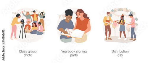 Year book party isolated cartoon vector illustration set. Take annual class group photo, yearbook signing party, student writing, distribution day event, end of study celebration vector cartoon.