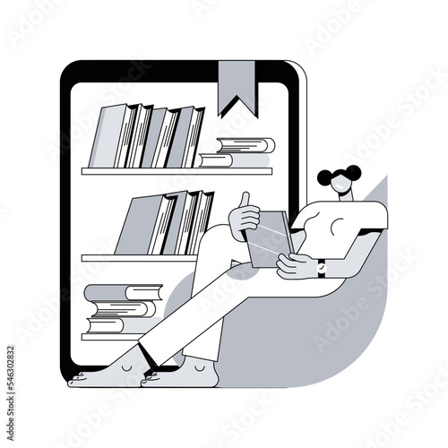 E-library abstract concept vector illustration. Digital learning, online database, content store, web search, ebook reader, internet education, bookshelf on screen, web archive abstract metaphor.