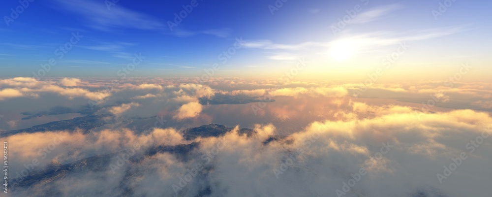 Fototapeta premium View of the landscape from the height of the flight, landscape at sunset among the clouds, flying above the ground at sunset, 3d rendering