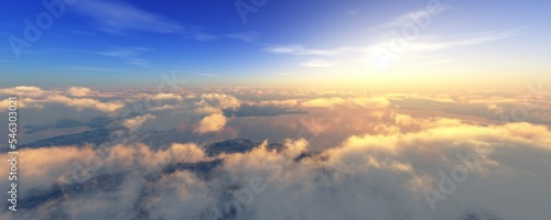 View of the landscape from the height of the flight, landscape at sunset among the clouds, flying above the ground at sunset, 3d rendering