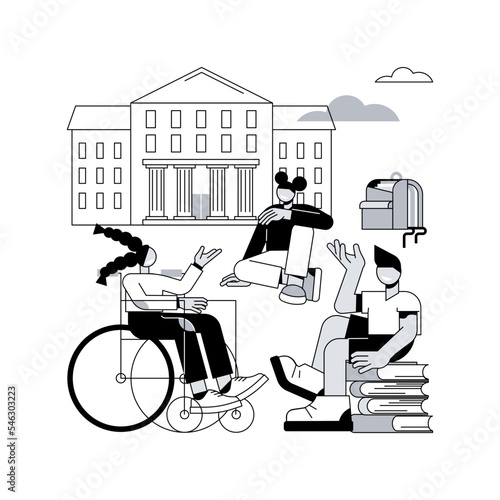 Socialization of pupils abstract concept vector illustration. Socialization in classroom, inclusivity program, school environment, pupils social interaction, peers play together abstract metaphor.