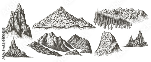 Mountains peak engraving. A large set isolated on a white background. Vector illustration
