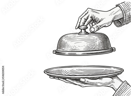 Hand holding tray with lid. Vector illustration