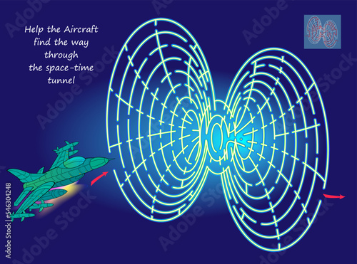 Best labyrinths. Help the Aircraft find the way through space-time tunnel. Logic puzzle game. Brain teaser book with maze. Kids activity sheet. Educational page for children. Vector illustration.