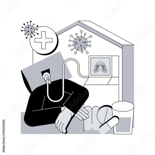 Coronavirus treatment abstract concept vector illustration. Self-quarantine measures, covid-19 treatment at home, intensive therapy, wearing a mask, medicine, lung ventilation abstract metaphor.