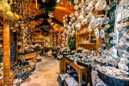 Photography Interior view of wooden shop decorated for Christmas holidays in Vienna