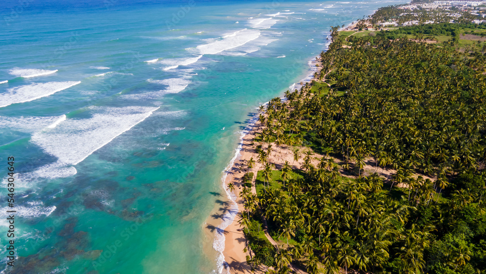 aerial drone shot of a beach on Punta Cana on a beautiful sunny day. the ocean with a crystal blue color that tourist love during vacation aerial drone shot of a beach on Punta Cana on a beautiful sunny day. the ocean with a crystal blue color that tourist love during vacation