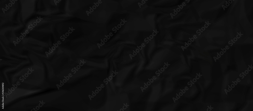 Dark Black facbric paper crumpled texture. dark black textured crumpled black paper background. panorama black paper texture background, crumpled pattern.