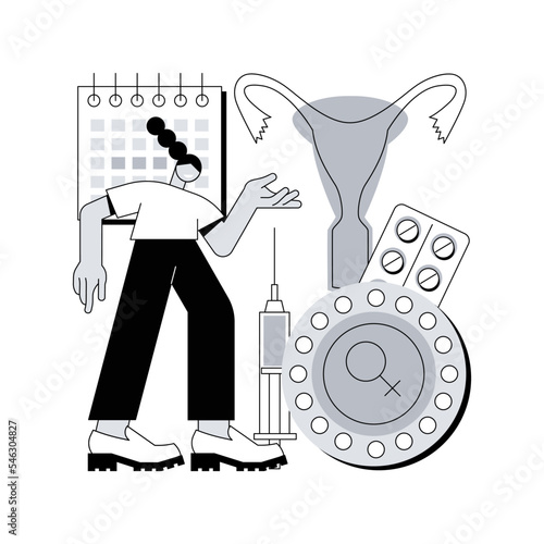 Female contraceptives abstract concept vector illustration. Female contraceptive drug, oral hormonal contraception pill, fertility control, family planning, pregnancy prevention abstract metaphor.
