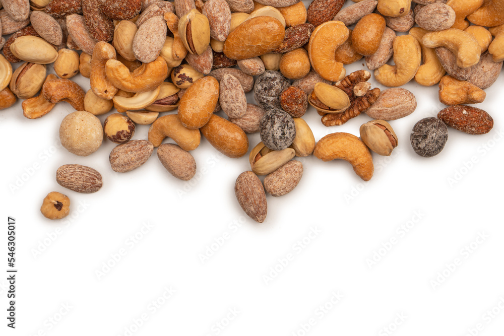 A group of almonds, pistachios, walnuts, macadamia, cashews. A group of almonds, pistachios, walnuts, macadamia, cashews.