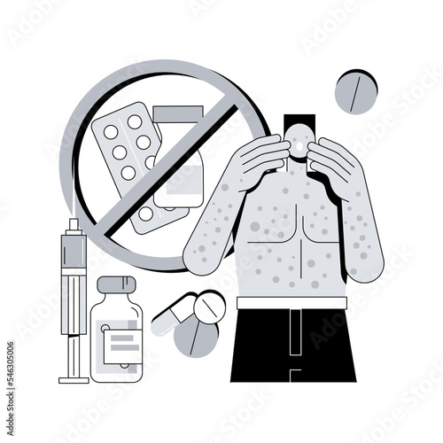 Drug allergy abstract concept vector illustration. Triggers of drug allergies, risk factors, medicine side effect, remedy intolerance test, allergic disease symptom treatment abstract metaphor.
