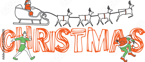 Christmas Xmas typography calligraphy with Grinch and Elf minimalist line drawing letters illustration photo