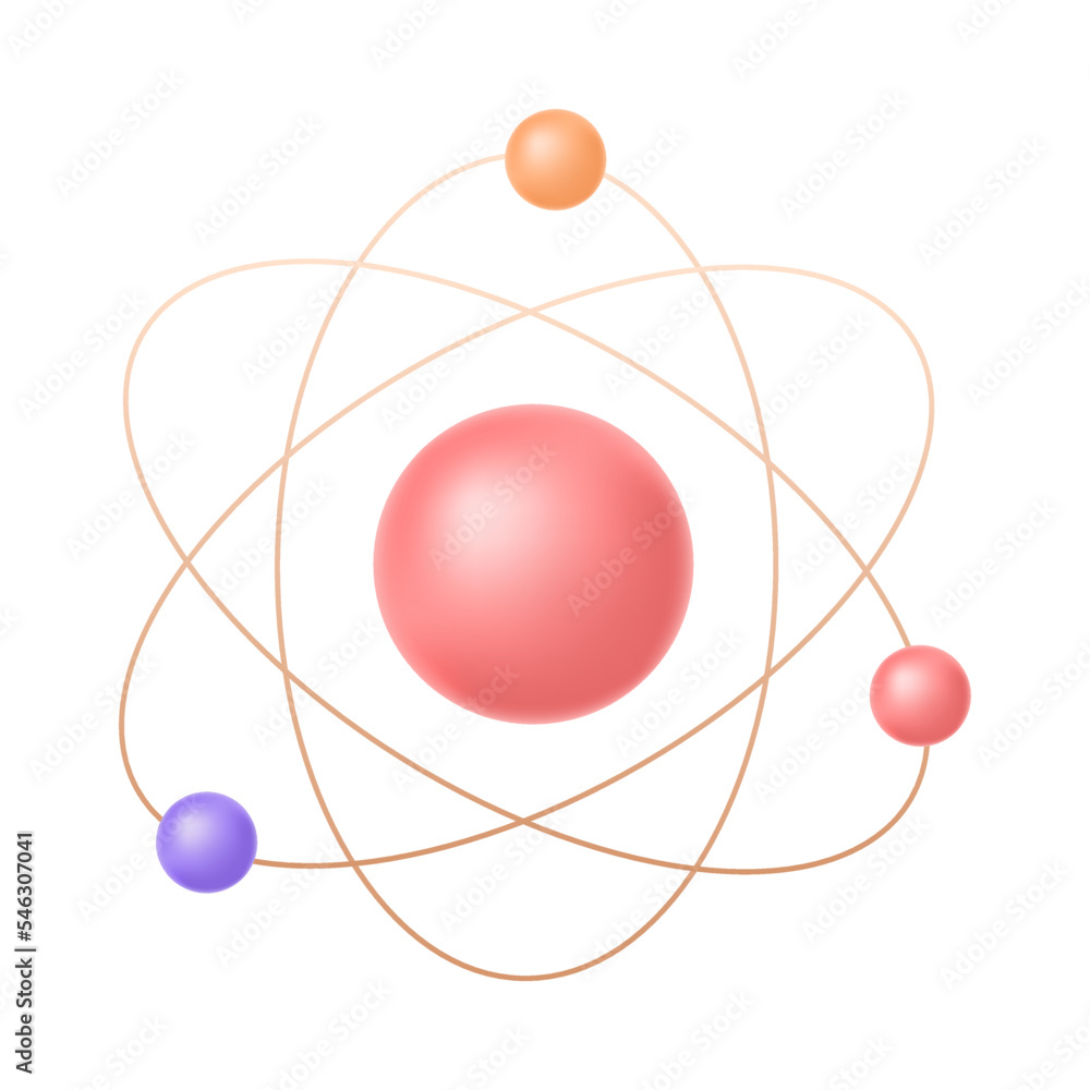 Atom with electrons in circle orbit around nucleus 3D icon. Model for science research with spheres 3D vector illustration on white background. Nuclear physics, energy and power, innovation concept Atom with electrons in circle orbit around nucleus 3D icon. Model for science research with spheres 3D vector illustration on white background. Nuclear physics, energy and power, innovation concept