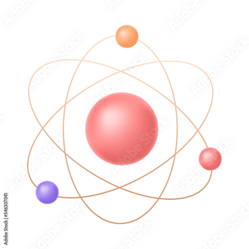 Atom with electrons in circle orbit around nucleus 3D icon. Model for science research with spheres 3D vector illustration on white background. Nuclear physics, energy and power, innovation concept