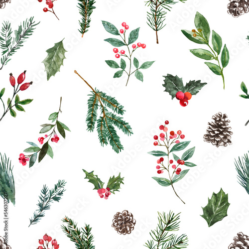 Winter floral seamless pattern. Watercolor winter greenery, foliage, pine branches, and berries on white background. Christmas painted print.