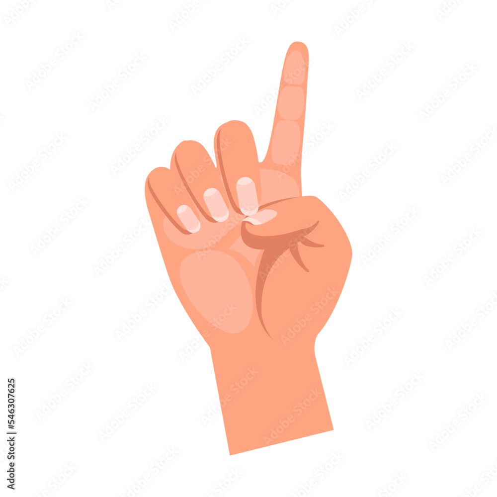 Cartoon person hand showing number one with fingers isolated on white background. Hand of people counting vector illustration. Gestures, education concept Cartoon person hand showing number one with fingers isolated on white background. Hand of people counting vector illustration. Gestures, education concept