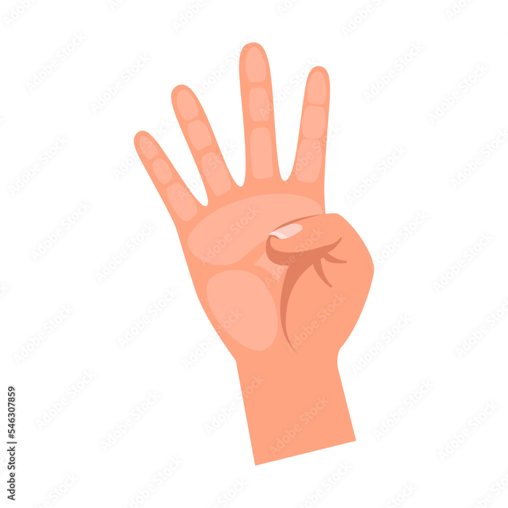 Cartoon person hand showing number four with fingers isolated on white background. Hand of people counting vector illustration. Gestures, education concept Cartoon person hand showing number four with fingers isolated on white background. Hand of people counting vector illustration. Gestures, education concept