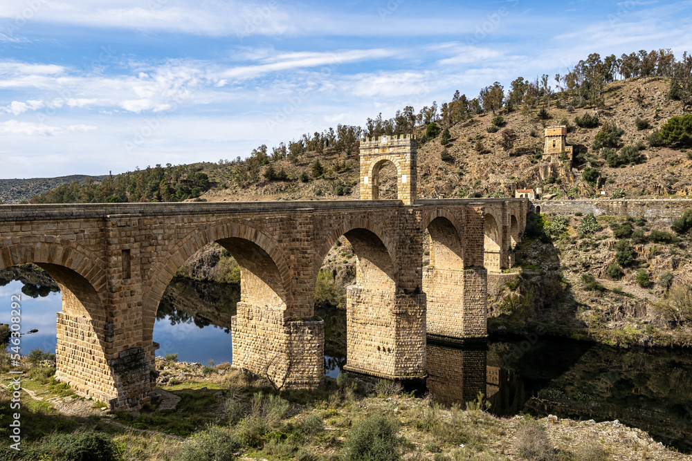 Roman bridge over the Tagus, Tajo river in Alcantara, Caceres province, Extremadura, Spain