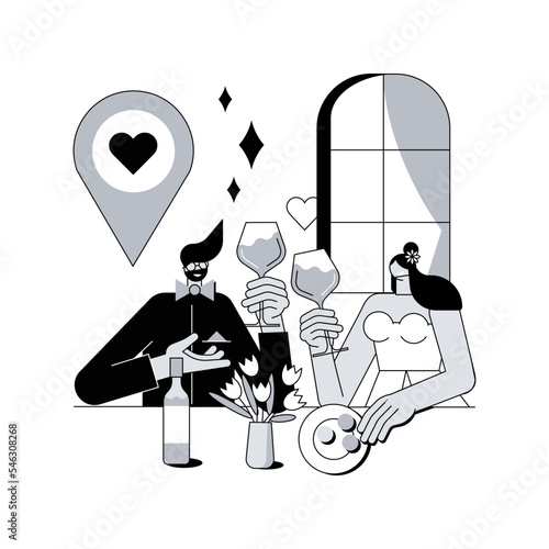 Romantic date abstract concept vector illustration. First date, romantic relationship, love story, Valentine day, give flower, couple fine dinning, celebrate dating anniversary abstract metaphor.